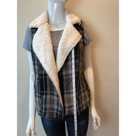 Lucky Brand Womens Plaid Sherpa Vest Jacket 7WD3108 Asymmetrical Zip Black SZ S - Picture 6 of 8